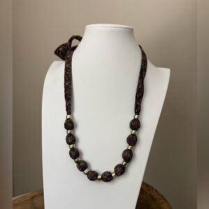 Brown Floral Fabric Beaded Ball Necklace - Knot/Tie Fabric Necklace